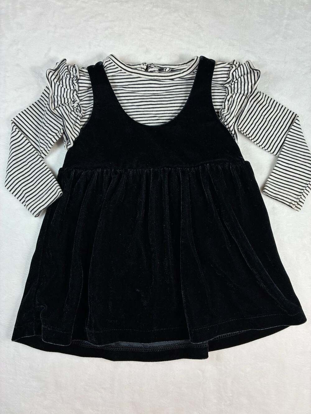 Carter's Child Of Mine Size 12M Black Velvet Dress Set, Striped Shirt